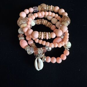Stackable Pink Gold Beaded Charm Bracelet Set with Shell Dangle for Women